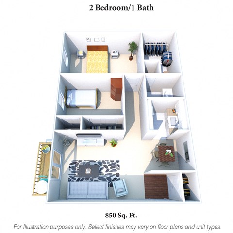 Floor plan for 2 beds, 1 bath, 850 sqft